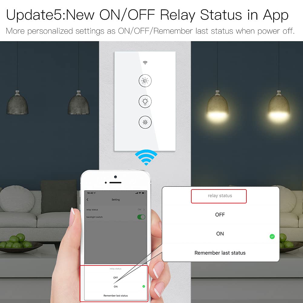 MOES WiFi RF Smart Light Dimmer Switch, Smart Life/Tuya APP Relay Status Backlight Switch Off RF Remote Control Voice Compatible with Alexa Google Assistants, White Touch