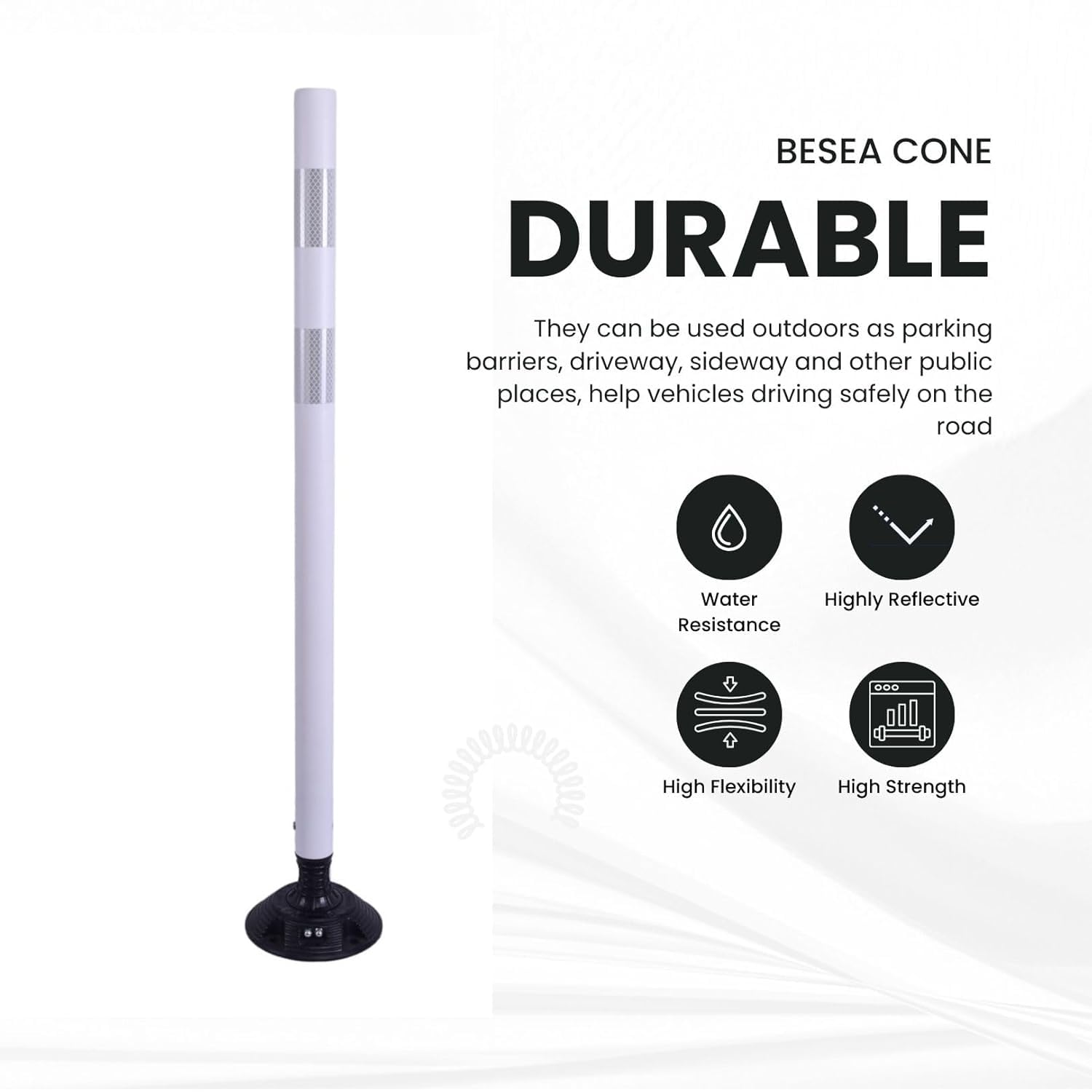 BESEA 8 Pack 36 Inch Traffic Delineator Posts with Reflective Collars White Road Cones,White Durable Flexible Safety Cones for Construction, Parking Lot, and Roadway Use