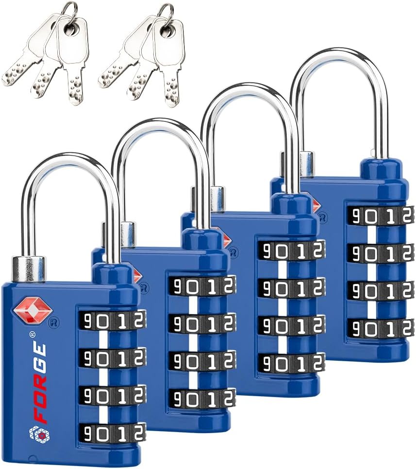 Forge Dual-Opening: Key or Combination Lock, TSA Approved Lock for Luggage, Pelican case, Travel, Gym, School, Luggage Combination Lock, Travel Bag Lock (Blue 4 Pk)