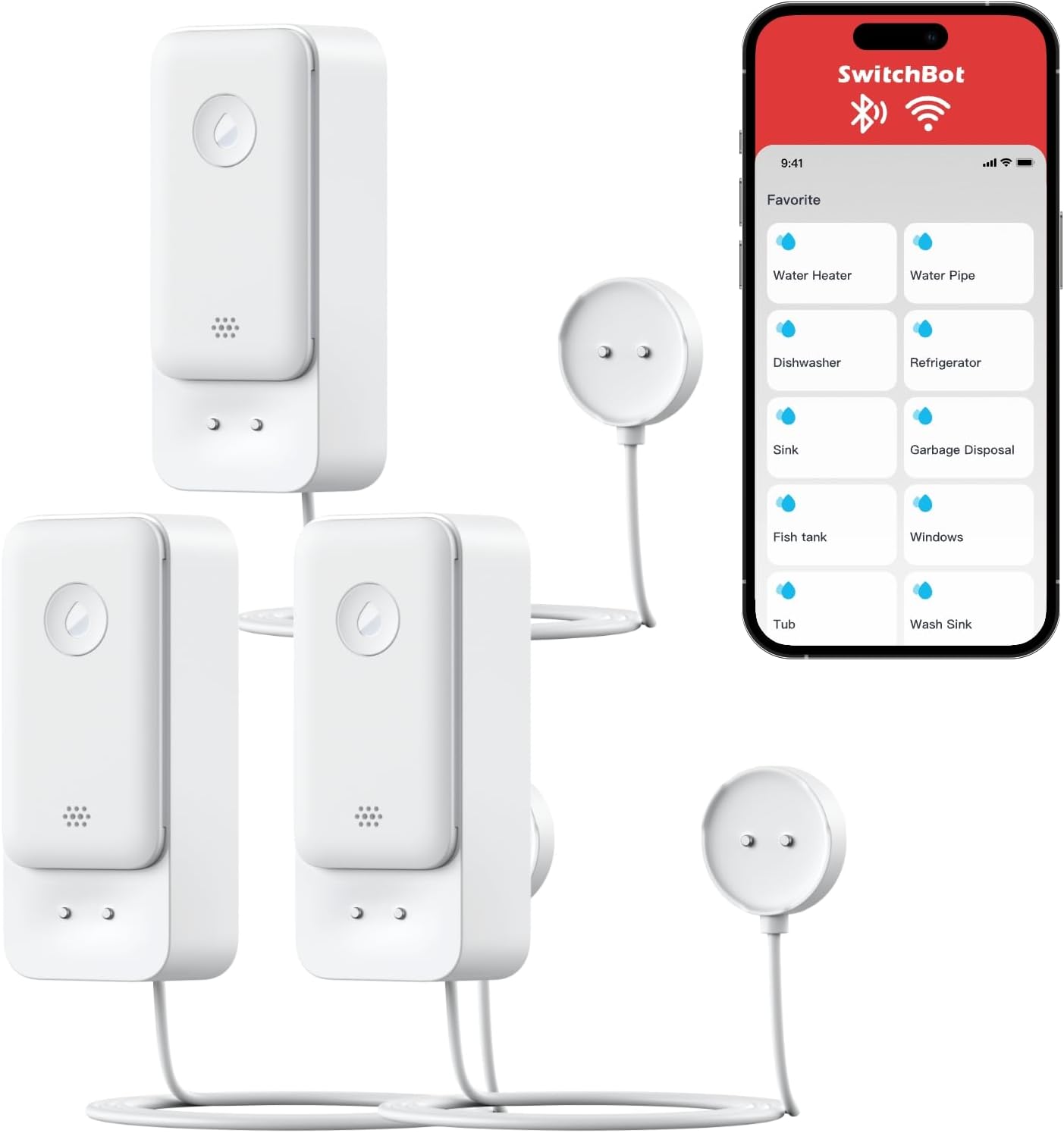 SwitchBot WiFi Water Leak Detector, Smart Water Sensor with 100dB Adjustable Alarm&App Alerts, IP67 Waterproof, Detector for Home with 3.28ft Sensing Cable, No Hub Required (Support 2.4G) (3, White)