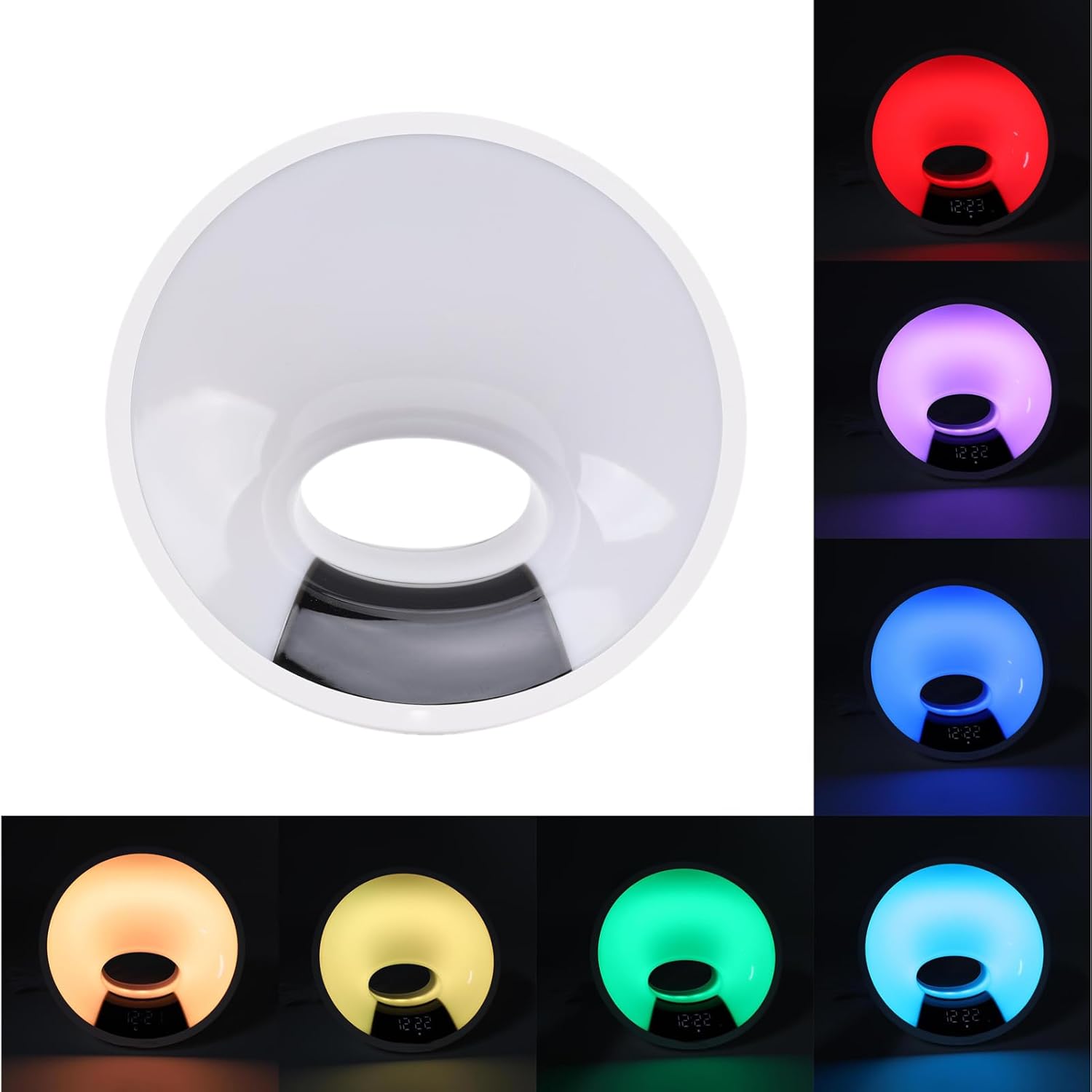 Fafeicy Sunrise Alarm Clock, Wake Up Light with Sunset Simulation 7 Color Changing Night Light Ambient Speaker Phone Charging Dock for Bedroom Dorm Sleep Aid (US Plug 100-240V)