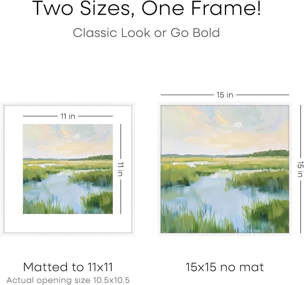 Homeforia 15x15 Picture Frame White, High End Metal 15 x 15 Square Poster Frames with Mat 11 x 11 Photo, 15x15 White Frame Matted to 11x11 Print, 15by15 Thin Frames, Tempered Glass, Wall Kit, Set of 1
