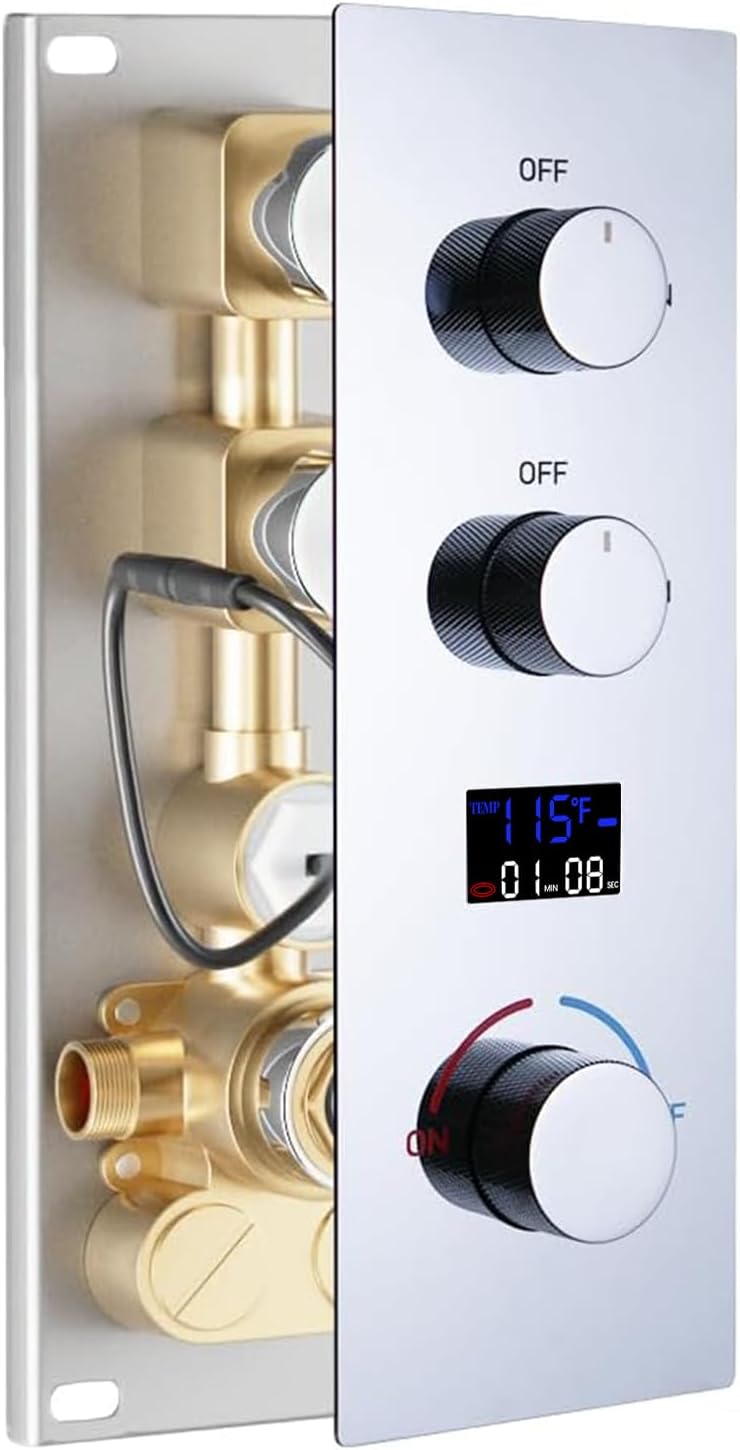 HONGTONGSOWER 2 Way Shower Diverter Valve Brass 2 Functions Digital Temperature Display Thermostatic Shower Mixing Valve Kit 3 Handle Flow Cotrol Valve, Can Run Simultaneously Chrome