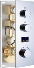 HONGTONGSOWER 2 Way Shower Diverter Valve Brass 2 Functions Digital Temperature Display Thermostatic Shower Mixing Valve Kit 3 Handle Flow Cotrol Valve, Can Run Simultaneously Chrome