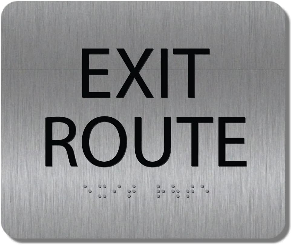 ALPHA DOG ADA SIGNS - Exit Route Sign with Braille for Your Business, 5x6 Inch, ADA Compliant, Indoor or Outdoor, Easy Installation, Made in the USA, Brushed Metal