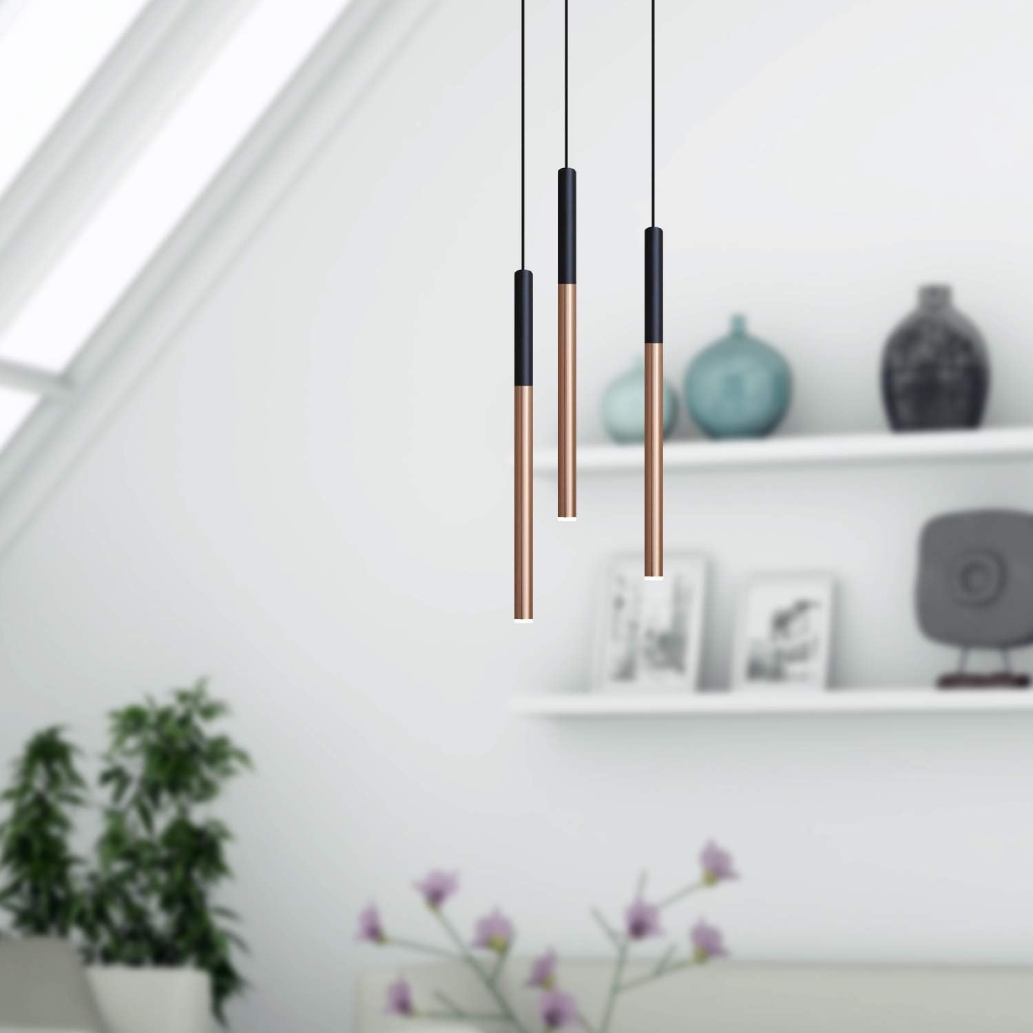 ALTAIR 3 Mini Pendant Lighting Black-Copper - LED Hanging Light Fixture for Kitchen Island, Bar, Foyer - Cluster Pendants - Dimmable, Adjustable Wire, Lamp Bulb Included