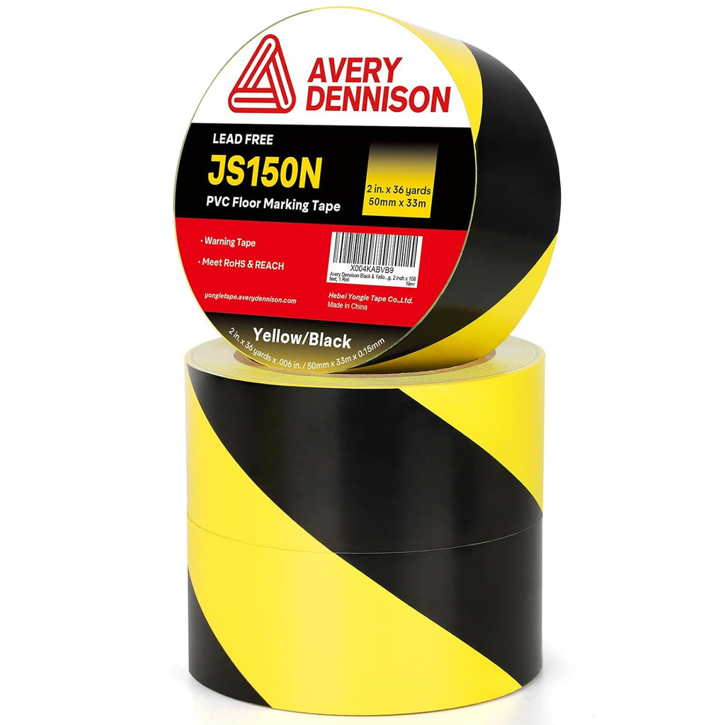 Avery Dennison Safety Floor Tape 2 Inch x 108 FT, Heavy-Duty PVC Forklift-Resistant, High-Visibility Reflective for Warehouse/Factory/Parking, Black & Yellow, ROHS/Reach Certified (3 Rolls)
