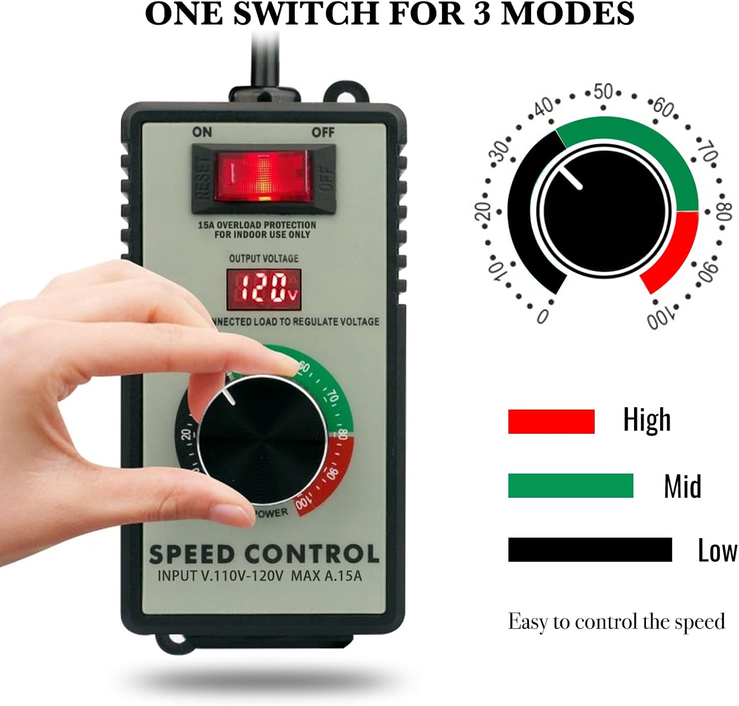AC Motor Variable Speed Controller 120V 15A 4000W with Overload Protection Switch