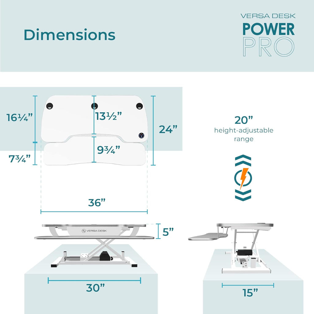 VERSADESK® PowerPro™ Electric Standing Desk Converter - Height Adjustable Desk Riser with Keyboard Tray - Holds 80 lbs - Built-in USB Charging Port - Ergonomic Sit Stand Workstation | White (36 inch)