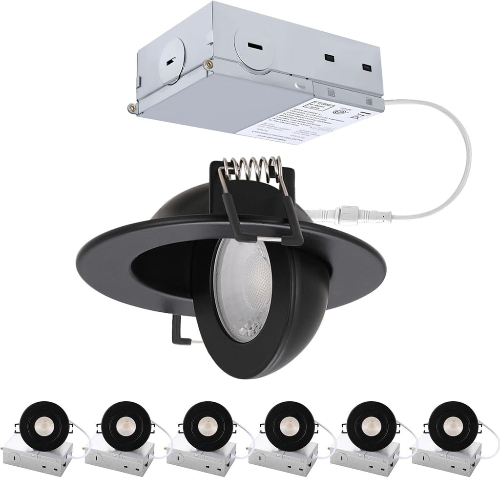 3 inch Black Recessed Lights, 7W Canless Gimbal Soffit Lighting, Canless Lights, 5CCT Dimmable 90°Tilt Wafer 3 inch Light, Retrofit Rotatable Eyeball Swivel Spot Downlight 6 Pack Black
