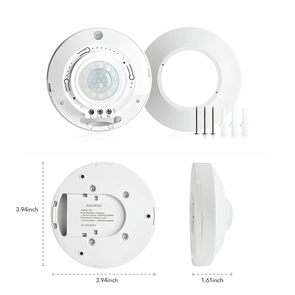 RAYZEEK Ceiling Mount 360 degree PIR Occupancy Motion Sensor,2200W,110-265V,8-12M High Sensitive HardWired Occupancy Sensor Detector, Commercial/Residential,Up to 1600 sq.ft(10A,Neutral Wire Required)