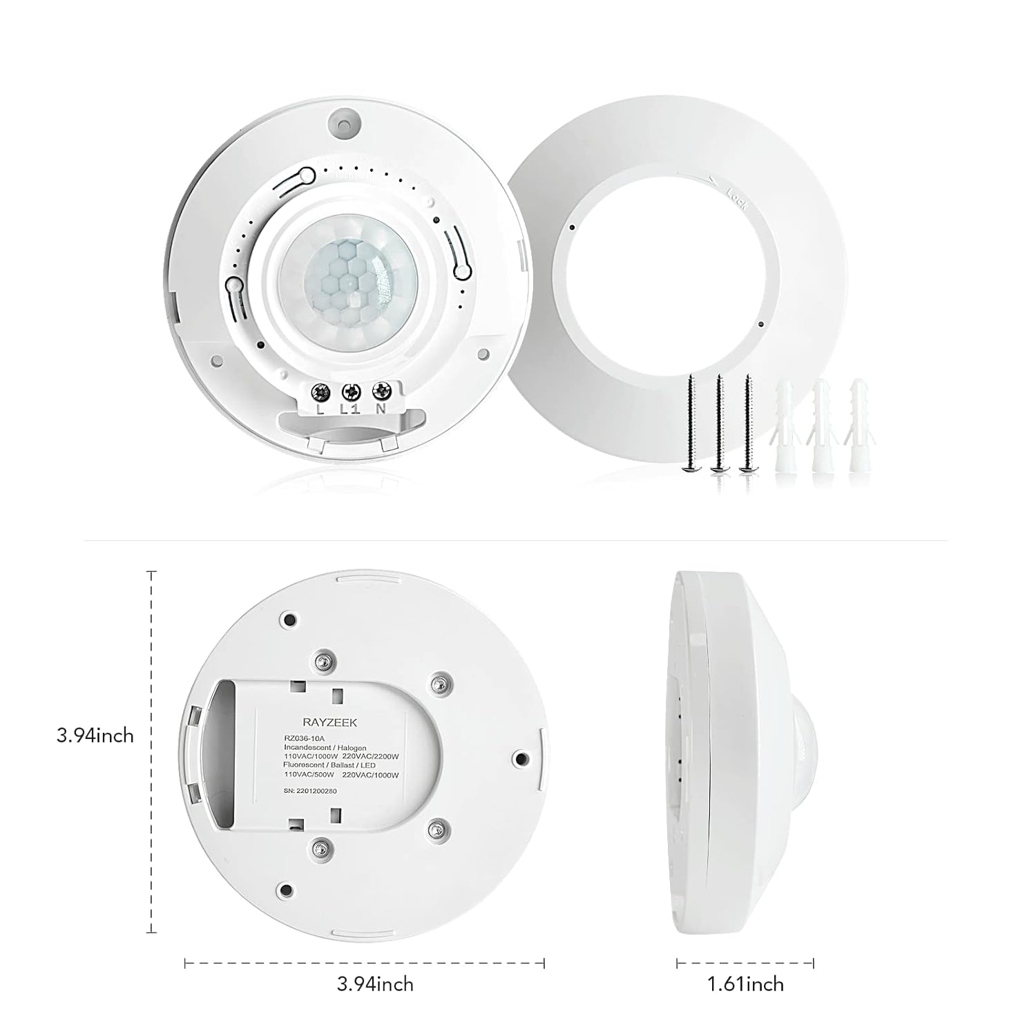 RAYZEEK Ceiling Mount 360 degree PIR Occupancy Motion Sensor,2200W,110-265V,8-12M High Sensitive HardWired Occupancy Sensor Detector, Commercial/Residential,Up to 1600 sq.ft(10A,Neutral Wire Required)