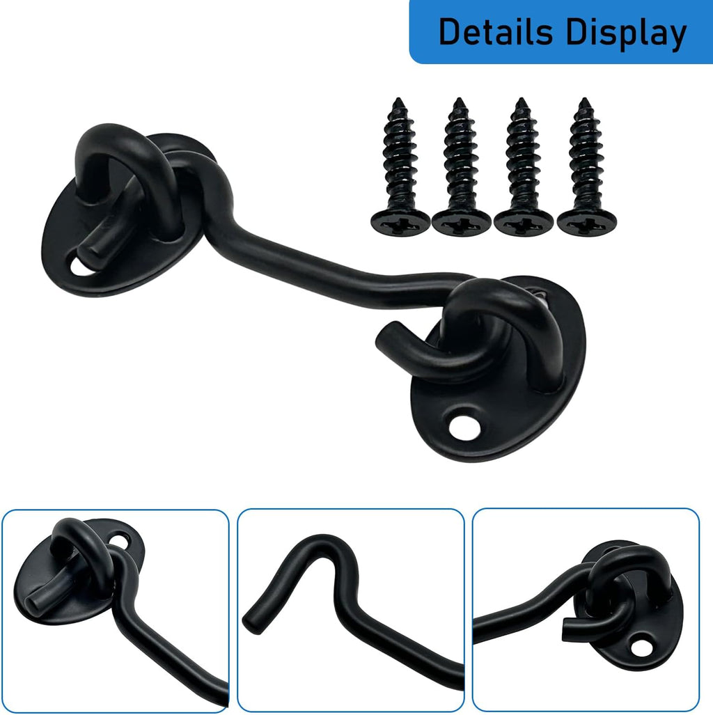 4-Pack 3Inch Door Lock Gate Latch Premium Stainless Steel Hook and Eye Gate Latch Cabin Hook with 16pcs Screws, Black