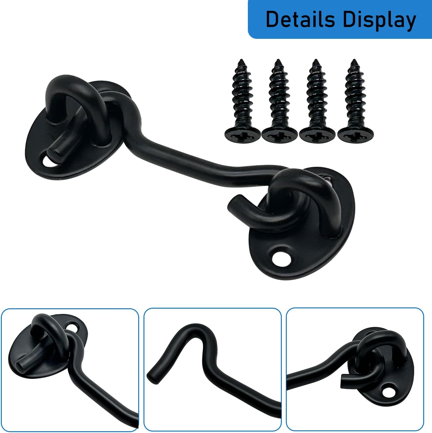 4-Pack 3Inch Door Lock Gate Latch Premium Stainless Steel Hook and Eye Gate Latch Cabin Hook with 16pcs Screws, Black