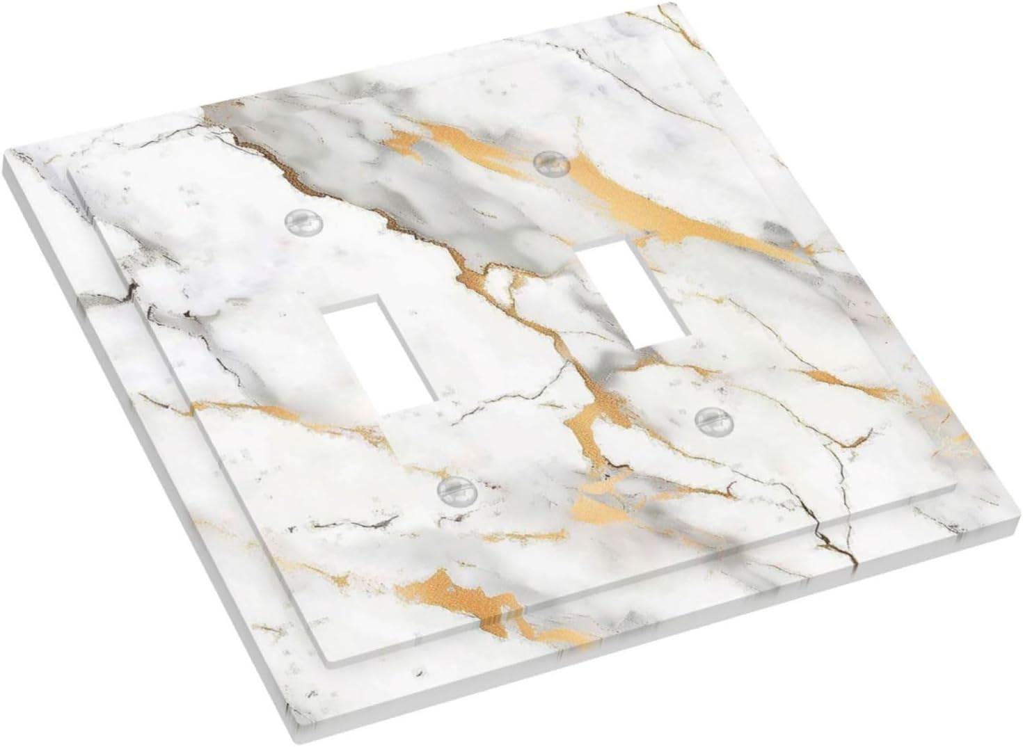 Decorative Switch Plates Marbling Style White Background Gold Gray Stripes 2 Gang Double Toggle Outlet Light Switch Cover Wall Plate Electrical Faceplate For Bathroom Kitchen Decor