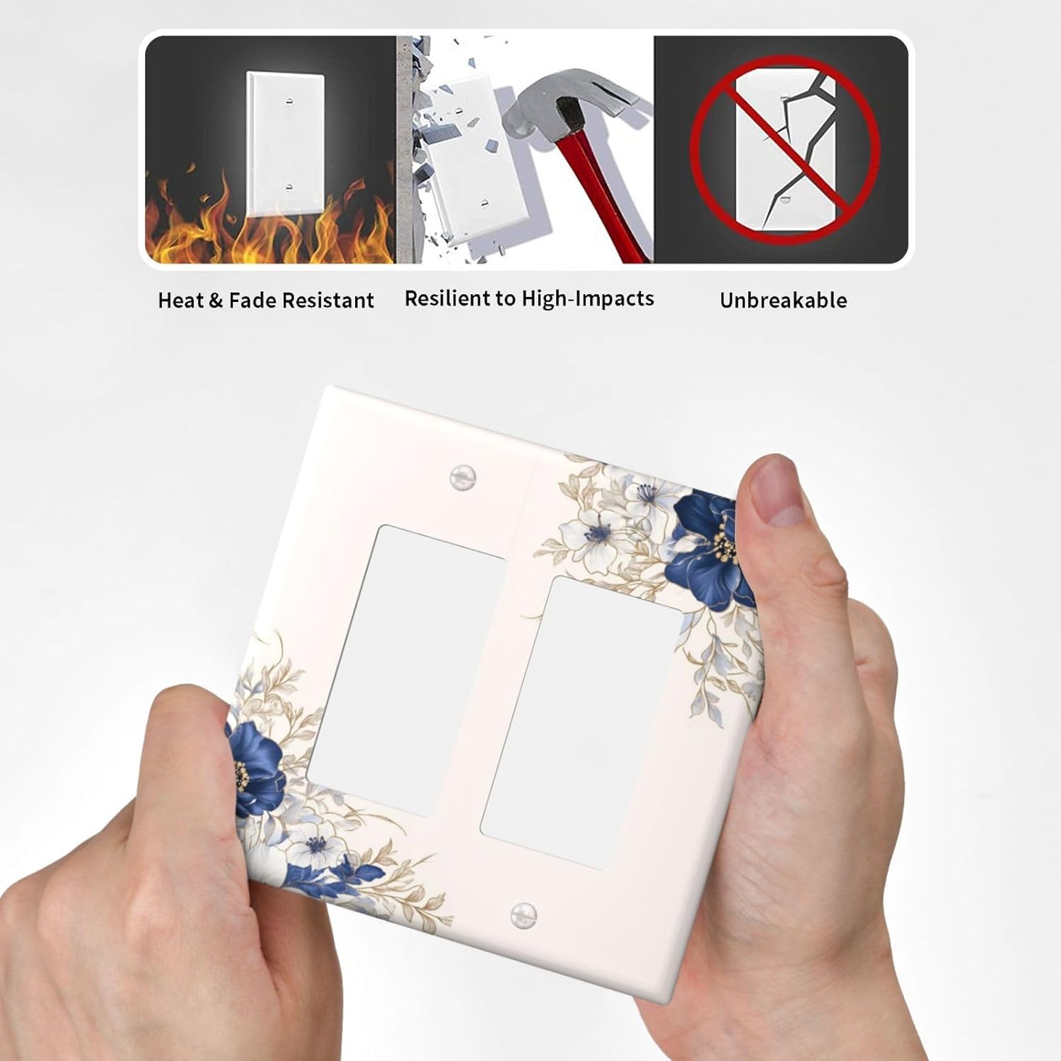 Decorative Outlet Covers Rustic Blue White Flowers Floral Penoy 2 Gang Wall Plate Double Rocker Two Switch Wall Cover Plate Jumbo Dual GFCI Face Plate for Bedroom Decor