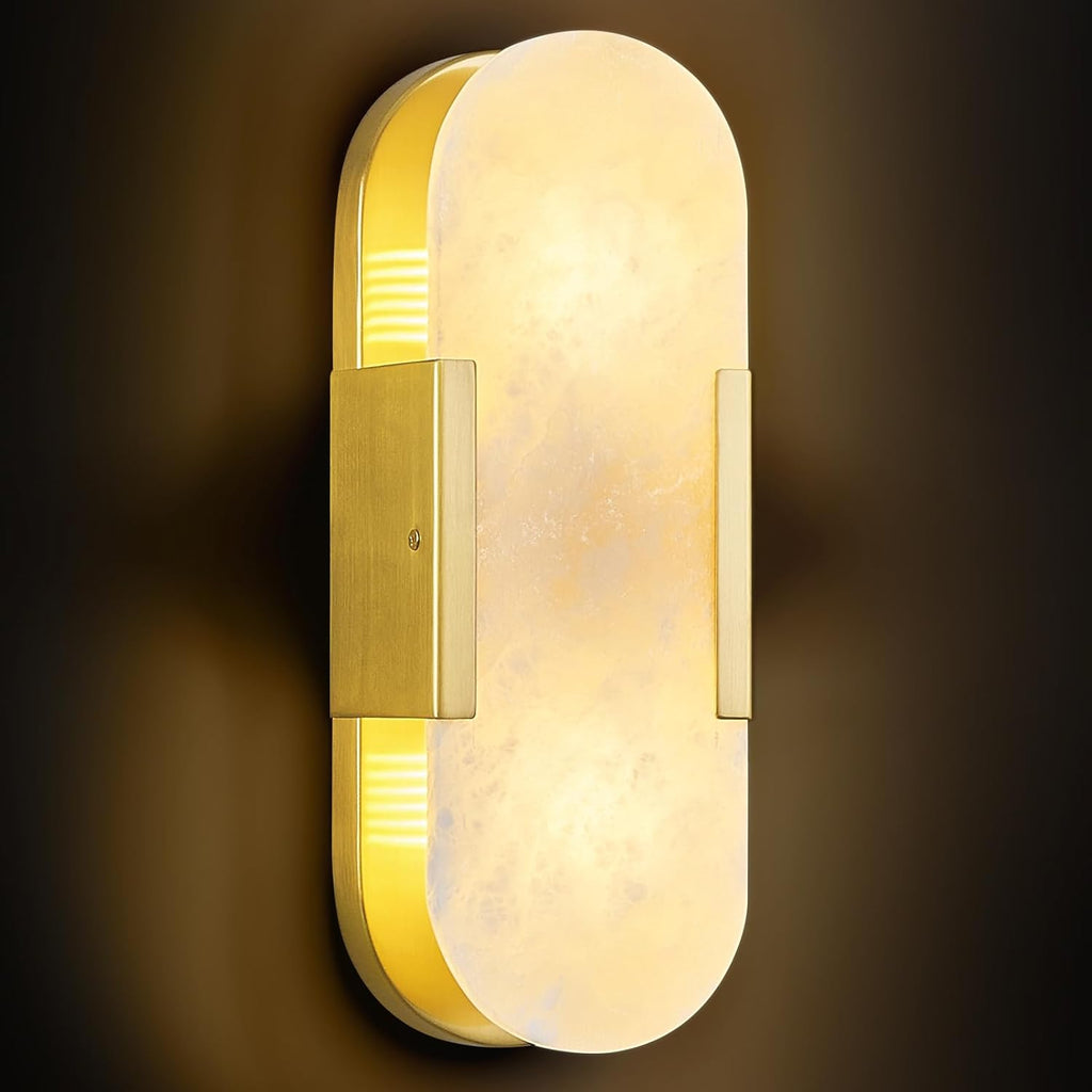 Brass Alabaster Wall Sconce, Modern Natural Marble Wall Sconces for Indoor Lighting, 13.8 in Gold Wall Lights for Bathroom Dining Room Stairs Bedroom (1-Pack)