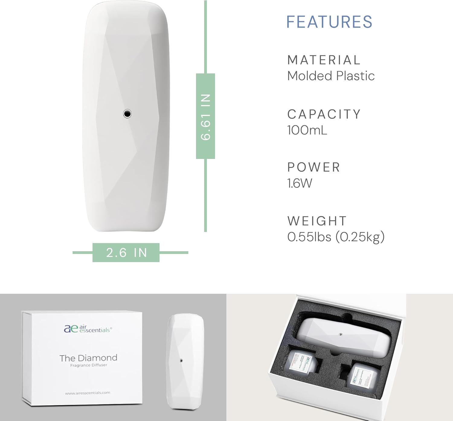 Air Esscentials The Diamond Gift Set, Smart Scent Air Machine Kit, Cold & Waterless Fragrance Oil Diffuser with 2 Signature Scents & Bluetooth Control, Herbal & Citrus Aromas, White
