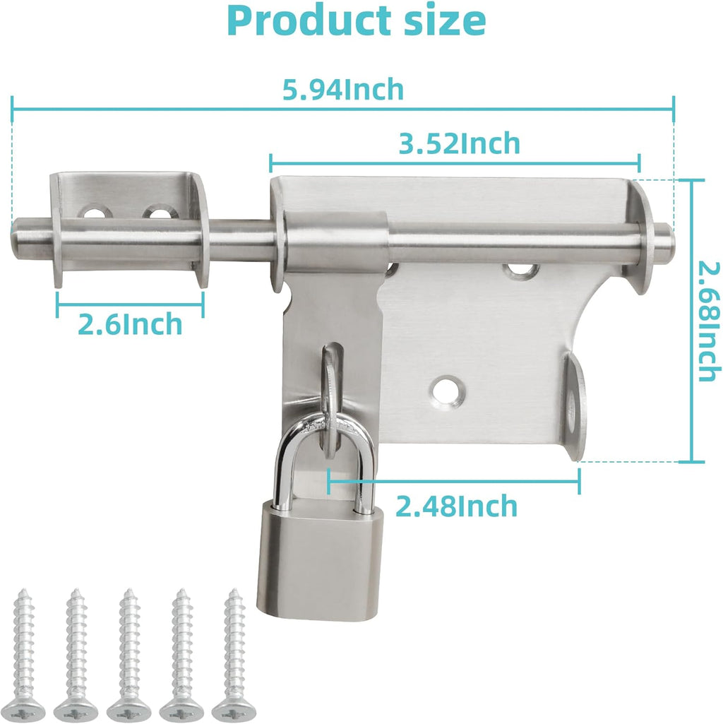 Alise 6 Inch Slide Bolt Gate Latch, Door Lock with Padlock Set, Heavy Duty Stainless Steel Barrel Bolts Safety Door Lock for Wooden Fence, Outdoor Fence,Shed Door Brushed Finish