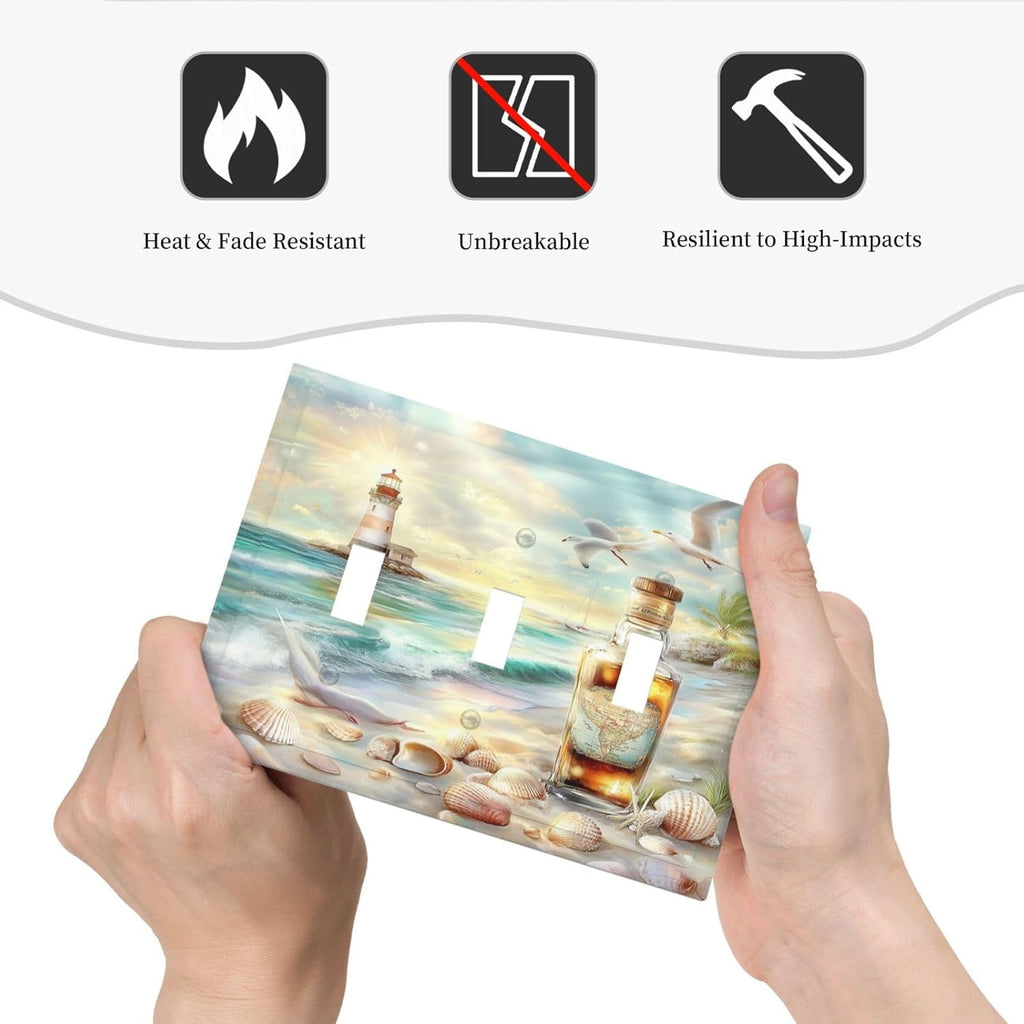 Decorative Switch Plates Beach Ocean Lighthouse Seashells 3 Gang Wall Plate Triple Toggle Light Switch Cover Faceplate Electrical Wall Panels For Bed Room Living Room Decor