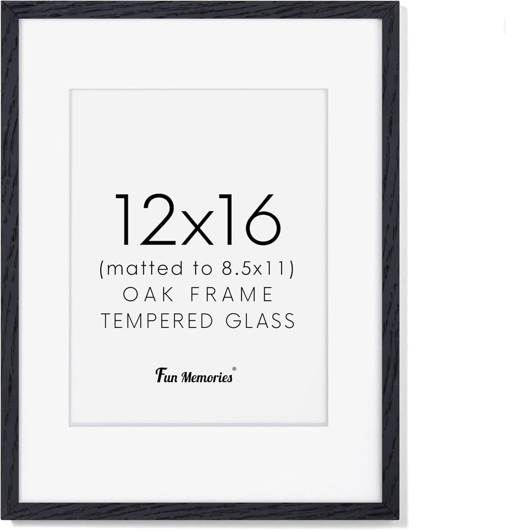 Black Picture Frame 12x16, Oak Wood 12"x16" Photo Frame for Wall, 12x16 Frame with Mat for 8.5x11, 12 x 16 Poster Frames - Tempered Glass (Black, 1 Pack)