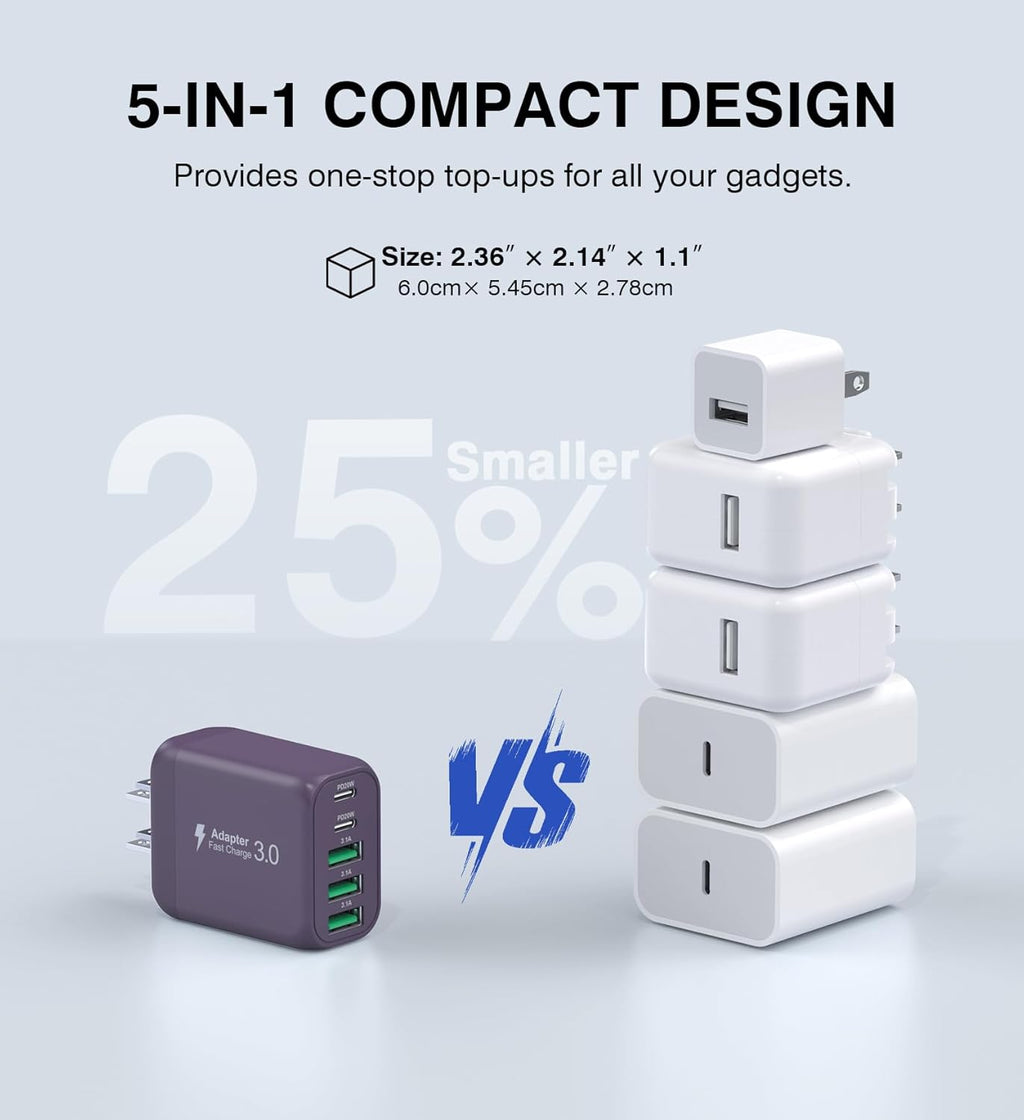 60W 2-Pack USB C Wall Charger Block, 5-Port C Charger Fast Charging Block PD Power Adapter +QC 3.0 Multiport Type C Box Brick Cube USB A Wall Plug for iPhone 14/15/16/17 Pro Max,Samsung Galaxy(Purple)