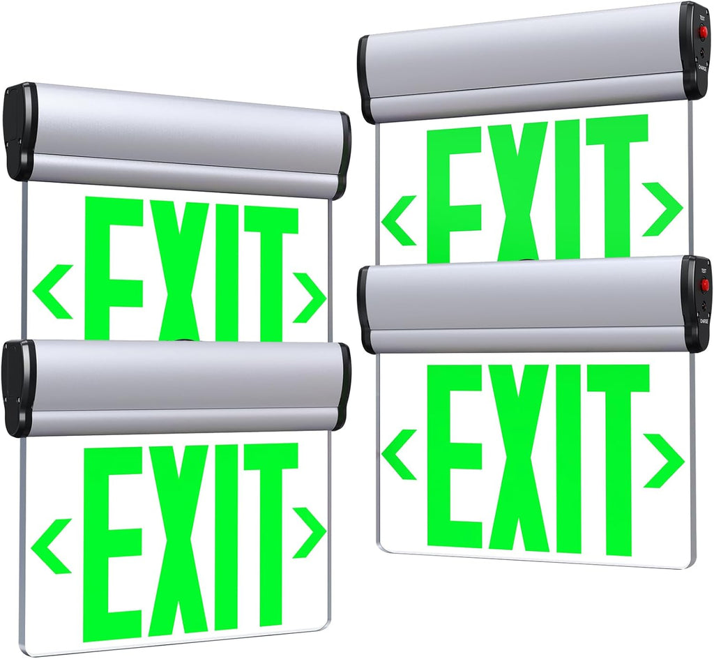 Led Edge-Lit Exit Sign ,Brushed Aluminum Housing Single-Sided Clear Rotating Acrylic Panel,Hardwired Emergency Exit Signs with Battery Backup, 120V-347VAC,Green Led Emergency Exit Light for Business , UL Listed,Top/Side/Wall Mount(4 Pack)
