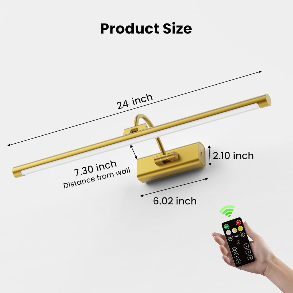 2 Pack 24" Brass Gallery Picture Lights - 8000mAh Rechargeable Battery Powered Wireless Lighting for Large Gallery, Museum & Living Room