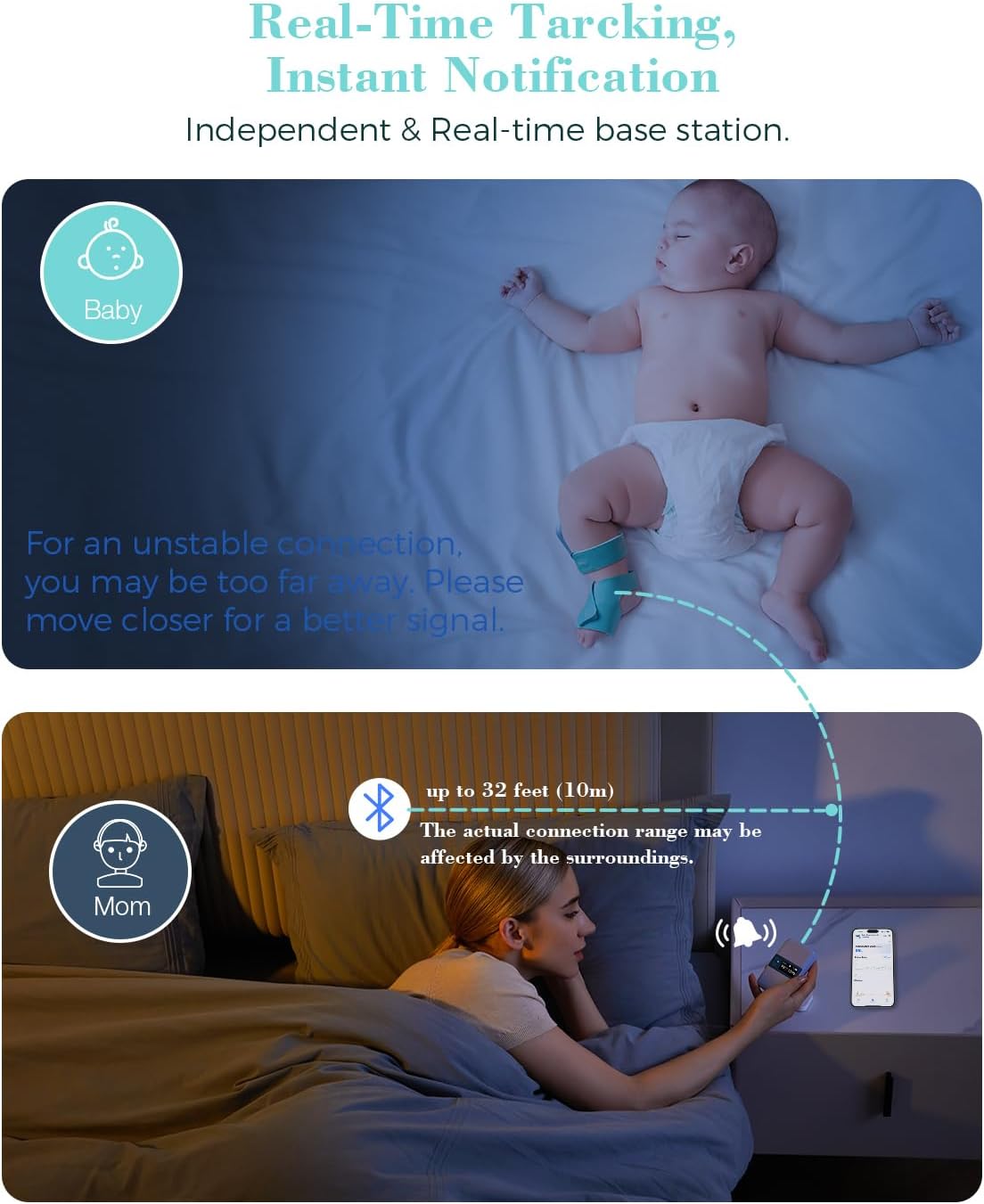 Babytone Baby Sleep Monitor with Base Station- Smart Sleep Sock, Tracking Heart Rate and Movement, Wearable Baby Foot Monitor with Bluetooth and APP, for 0-36 Months Newborn