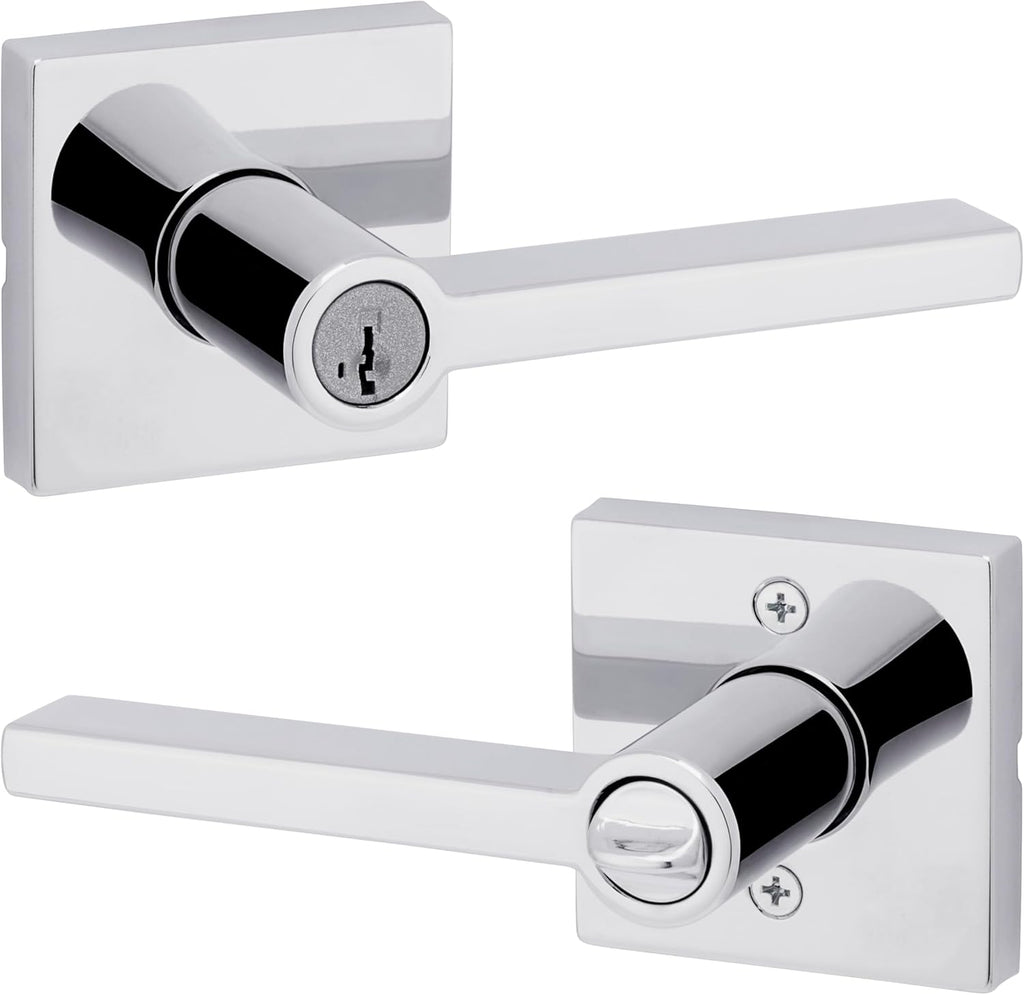 Kwikset Halifax Entry Door Handle with Lock and Key, Secure Keyed Reversible Lever Exterior, Doorlock, For Front Entrance and Bedrooms, Polished Chrome, Pick Resistant Smartkey Rekey Security