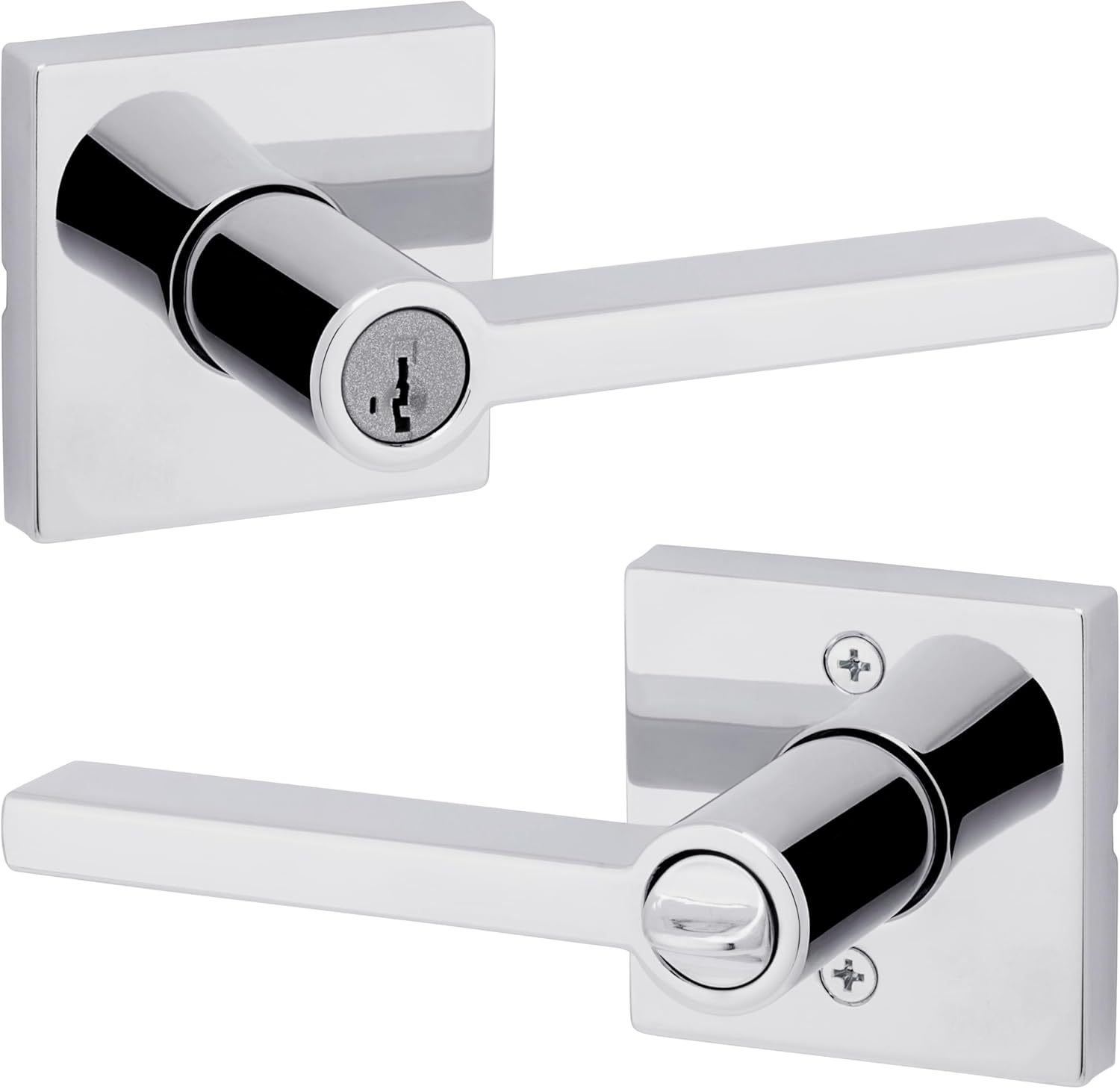 Kwikset Halifax Entry Door Handle with Lock and Key, Secure Keyed Reversible Lever Exterior, Doorlock, For Front Entrance and Bedrooms, Polished Chrome, Pick Resistant Smartkey Rekey Security