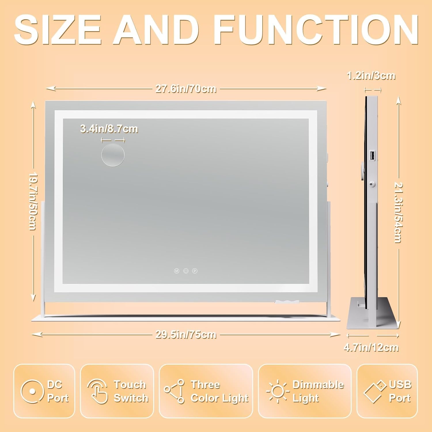 Hasipu Vanity Mirror with Lights, 28" x 20" LED Makeup Mirror, Light up Mirror with 10X Magnification and Phone Holder, USB Charging Port, Smart Touch 3 Colors Dimmable, 360° Rotation (White)