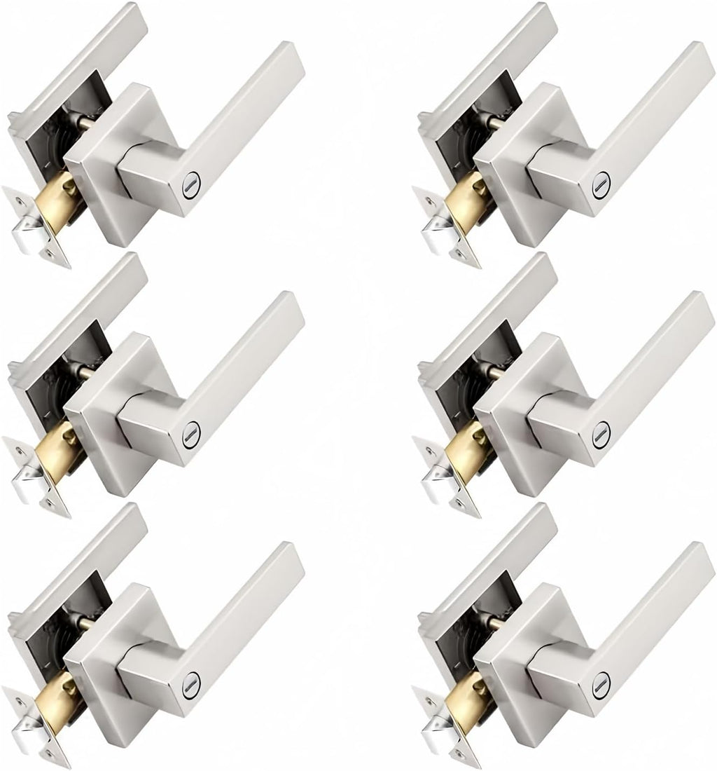 Probrico Interior Brushed Nickel Door Handle, Heavy Duty, Flat Square Privacy Door Handles, Keyless Door Levers Lockset for Bedroom and Bathroom (6 Pack, Modern)