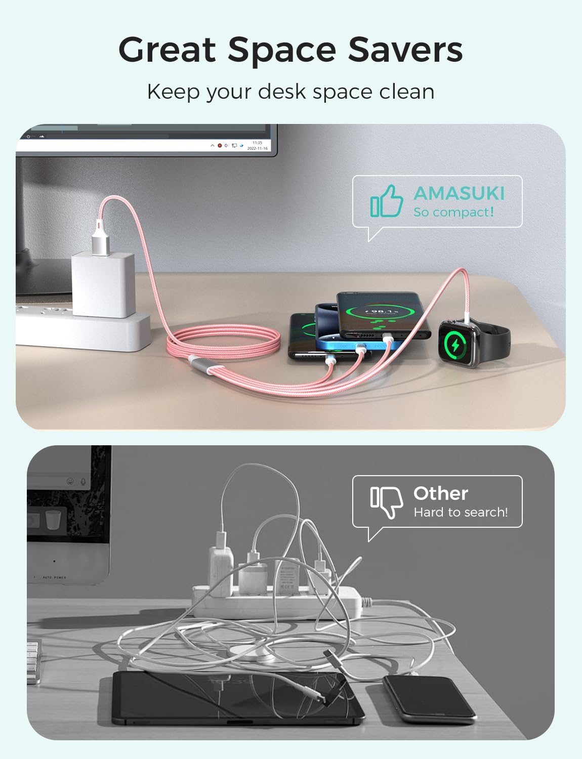 2Pack Multi Charging Cable for Apple Watch Charger 4 in 1 Travel Essentials RV Camping Essentials USB C/L/Micro Compatible with iWatch Series 11-1/iPhone 17/16/15/Android Airplane Gadgets-4FT/Pink