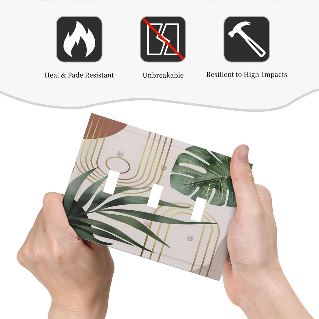 Decorative Light Switch Plate Covers Boho Mid Century Abstract Arch Green Leaves 3 Gang Light Switch Cover Plate Triple Toggle Wall Plate Outlet Covers for Bedroom Home Decor