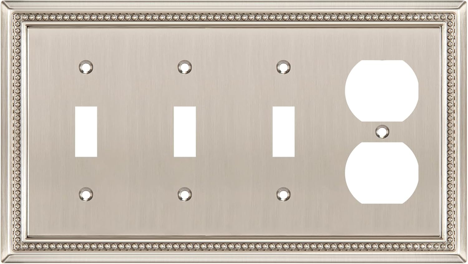 Henne Bery Sunken Pearls Heavy Duty Decorative Wall Plate Switch Plate Outlet Cover (Triple Toggle/Single Duplex, Satin Nickel)