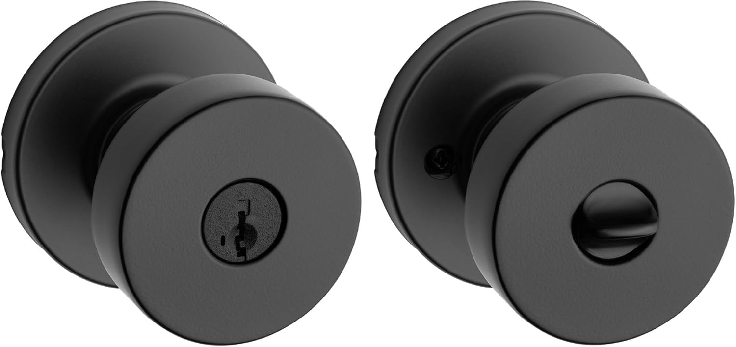 Kwikset Pismo Entry Door Knob with Lock and Key, Secure Keyed Handle Exterior, Front Entrance and Bedroom, Matte Black, Pick Resistant SmartKey Rekey Security and Microban