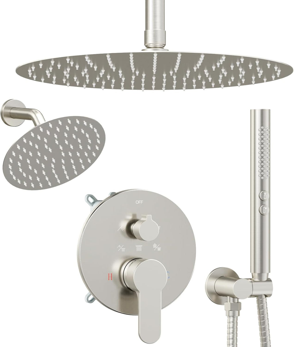 Shower Systems Shower Faucet Sets STARBATH 3 Way 12+6" Round Dual Rainfall Shower Head with Handheld Spray, Ceiling Mounted Rain Shower Valve with 5 Diverter and Trim Kit Complete, Brushed Nickel