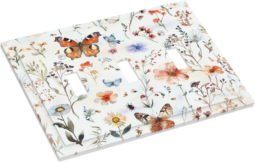 Decorative Switch Plates Butterfly Floral Boho Multicolor Flower Leave 3 Gang Wall Plate Triple Toggle Light Switch Cover Faceplate Electrical Wall Panels for Bed Room living Room Decor