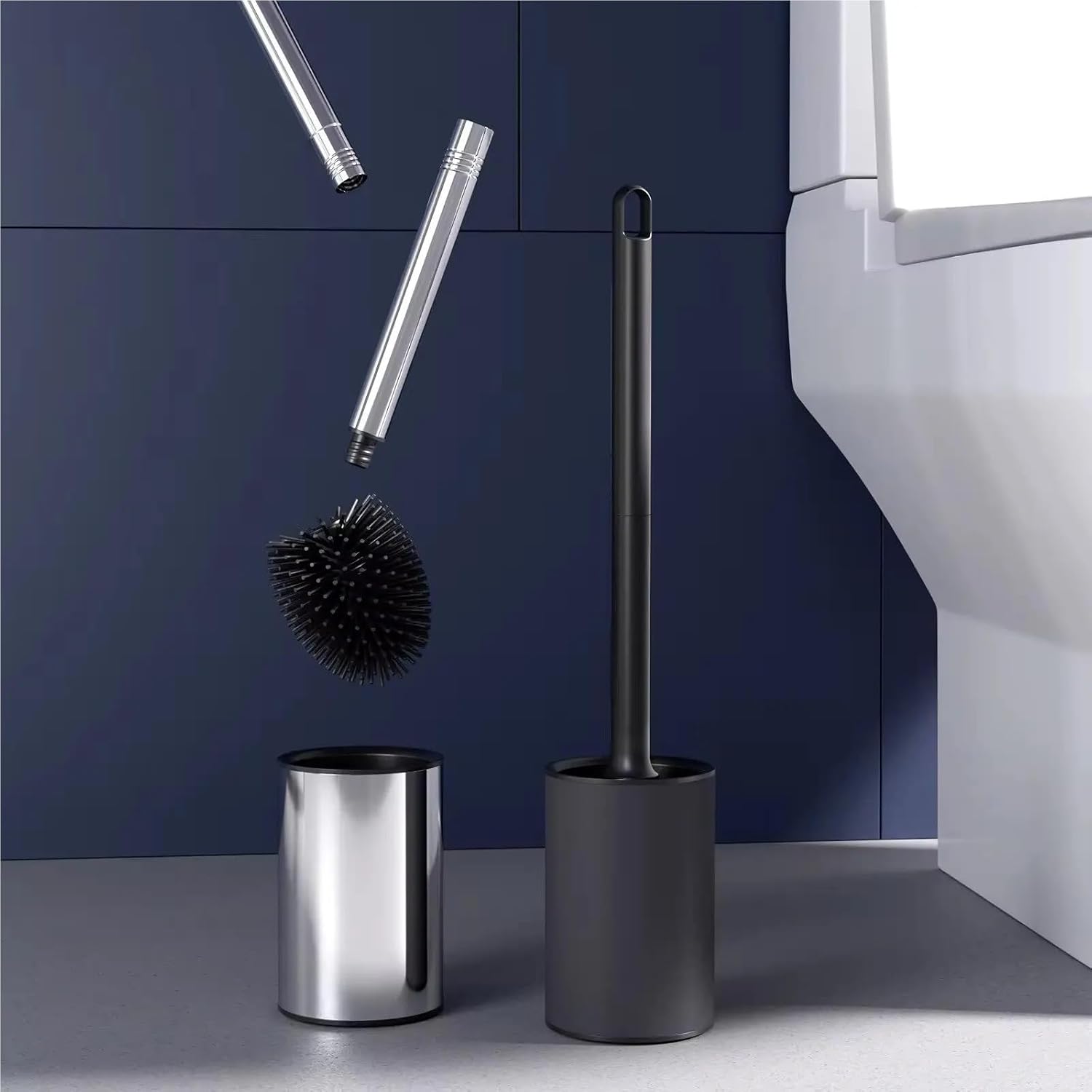 Smart Stainless Steel Black Toilet Brush Holder Standing Long Handle Cleaning Soft TPR Silicone Head