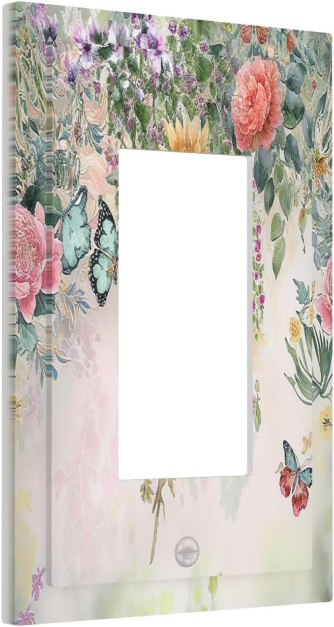 Outlet Covers Rustic Floral Watercolor Flower Blossom Butterfly 1 Gang Wall Plates Single Rocker Light Switch Covers Decorative Switch Plates Electrical GFCI Panel Covers for Home Office 5 X 3 IN