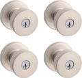 Kwikset Pismo Entry Door Knob with Lock and Key, Secure Keyed Handle Exterior, Front Entrance and Bedroom, Satin Nickel, 4 Pack, Pick Resistant SmartKey Rekey Security and Microban