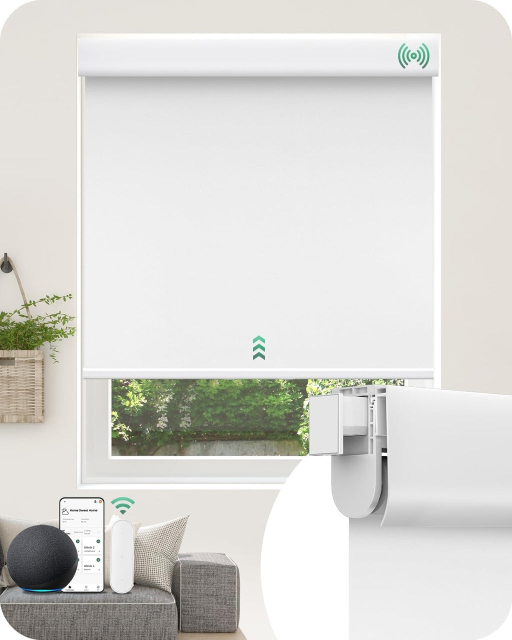 Allesin No Drill Motorized Roller Blinds – Rechargeable Electic Blackout Shades with Cassette Cover, Utral-Quiet Motor, Automatic Blind with Remote for Indoor Windows (White, 36" W x 72" H)
