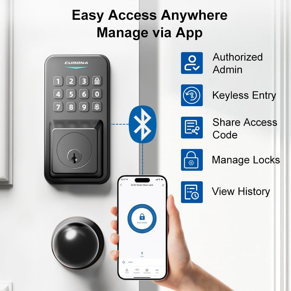 Keyless Entry Door Lock with 2 Door Knobs & Electronic Backlit Keypad, App Control Deadbolt Lock Support One-Touch Locking & Auto Locking,Easy Install, Anti-Peeping Code (01-Black)