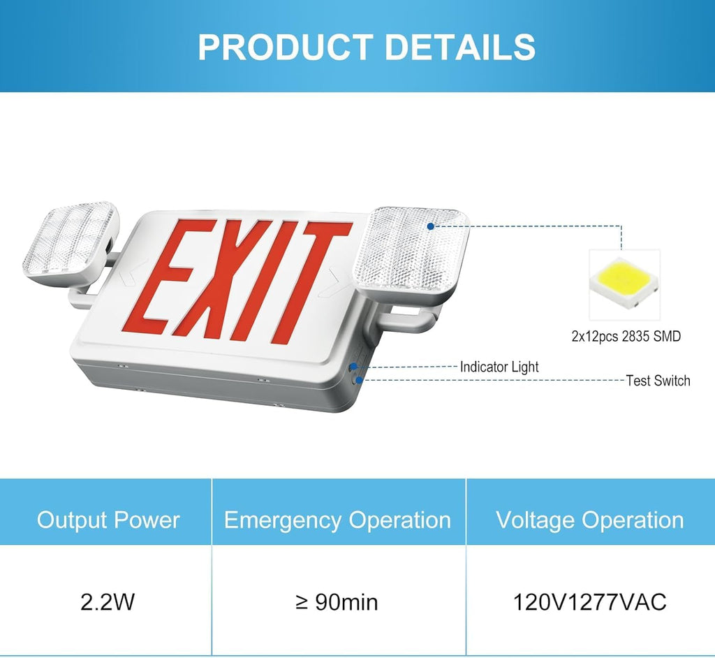 Double Sided LED Emergency EXIT Sign, Exit Combo Remote Capable, 2 LED Lights, Backup Battery, US Standard Red Letter, Commercial Grade, 120-277V, FireResistant(UL 94V-0) - 4 Pack