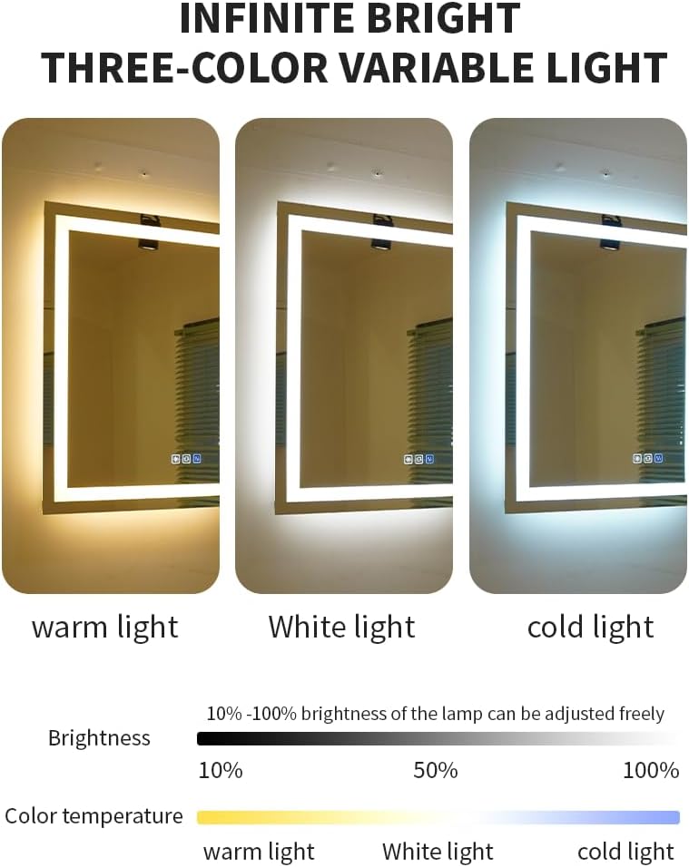 40 * 24inches LED Mirror, Smart Bathroom Mirror with Lights, Anti-Fog, Tempered Glass, 3 Colors Dimmable, Front and Backlit, CRI 90+, Wall Mounted, Memory