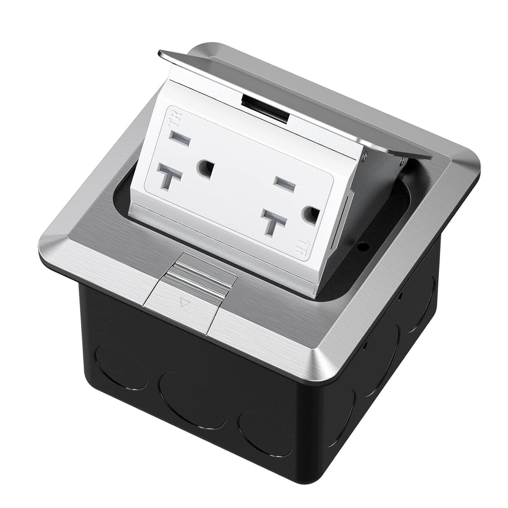 KYHSHJ Pop Up Floor Electrical Outlet Box Kit，20 Amp Stainless Steel TR Tamper-Resistant Duplex Receptacle Outlet， Corrosive Resistant Hardware，ETL Listed, Silver