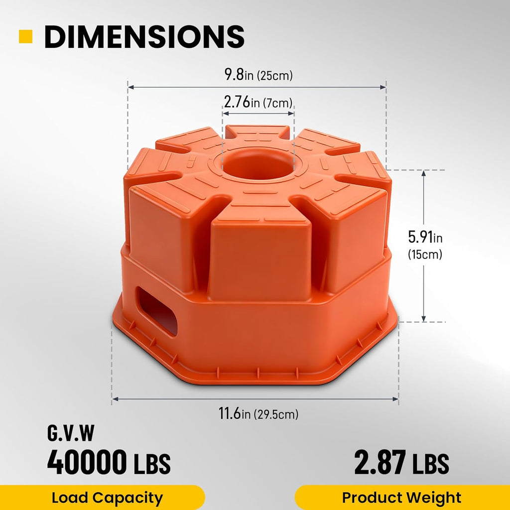 6"H Trailer Jack Block, 40000 lbs Capacity per Camper RV Stabilizer Blocks for Any Tongue Jack, Post, Foot, 5th Wheels, Round Square or Scissor Stabilizer, Stackable & Portable, 1 Pack, Orange