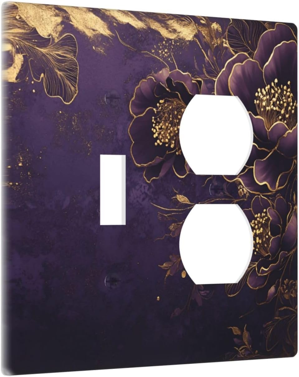 Decorative Outlet Covers Vintage Purple Peony Gold Leaf Flowers Floral 2 Gang Wall Plate Single Toggle Duplex Light Switch Cover Switch Plate Covers Faceplate for Bedroom Home Decor