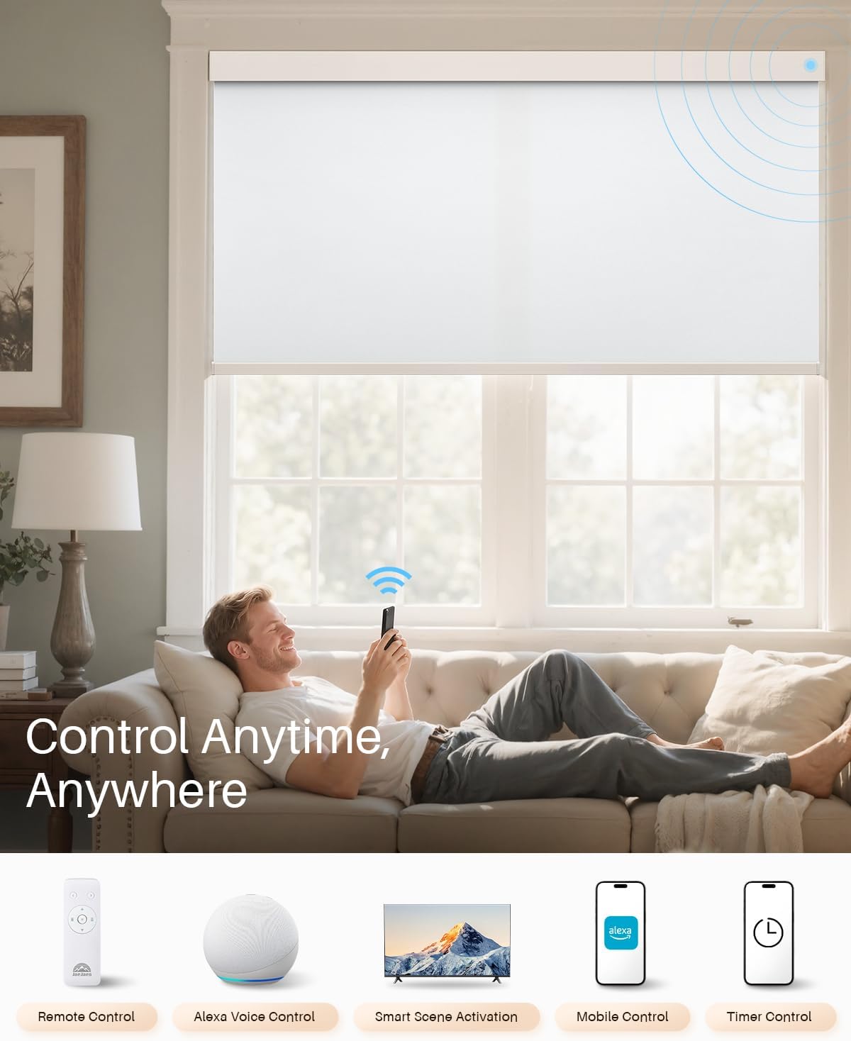Smart Roller Shades for Windows, Alexa Blackout Motorized Blinds with Remote Control, Easy Install Automatic Electric Blinds for Indoor (32" W x 72" H, White)